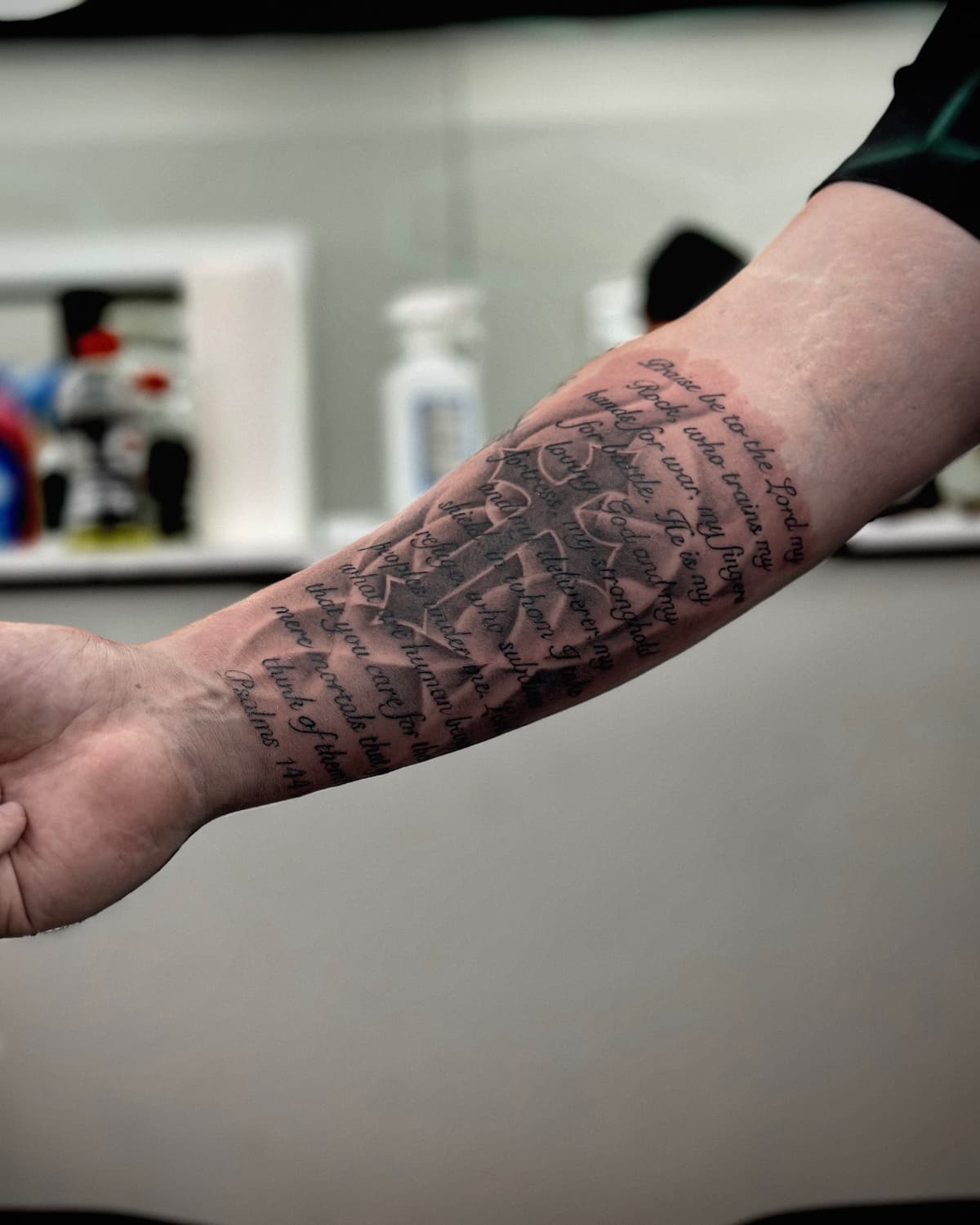 Cross — Black and Grey / Forearm, freehand smoke